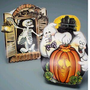 Vintage Halloween Beistle Die Cut Ghosts Jack-O-Lantern Pumpkin Lot Of 2 USA